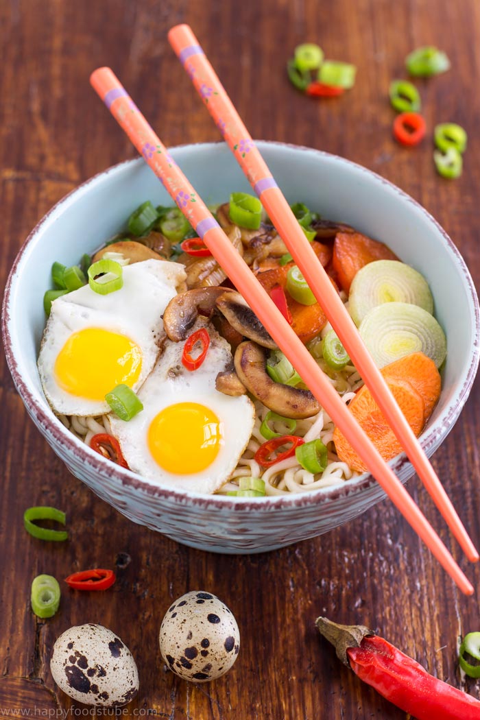 Homemade vegetable ramen with quail eggs recipe | happyfoodstube.com